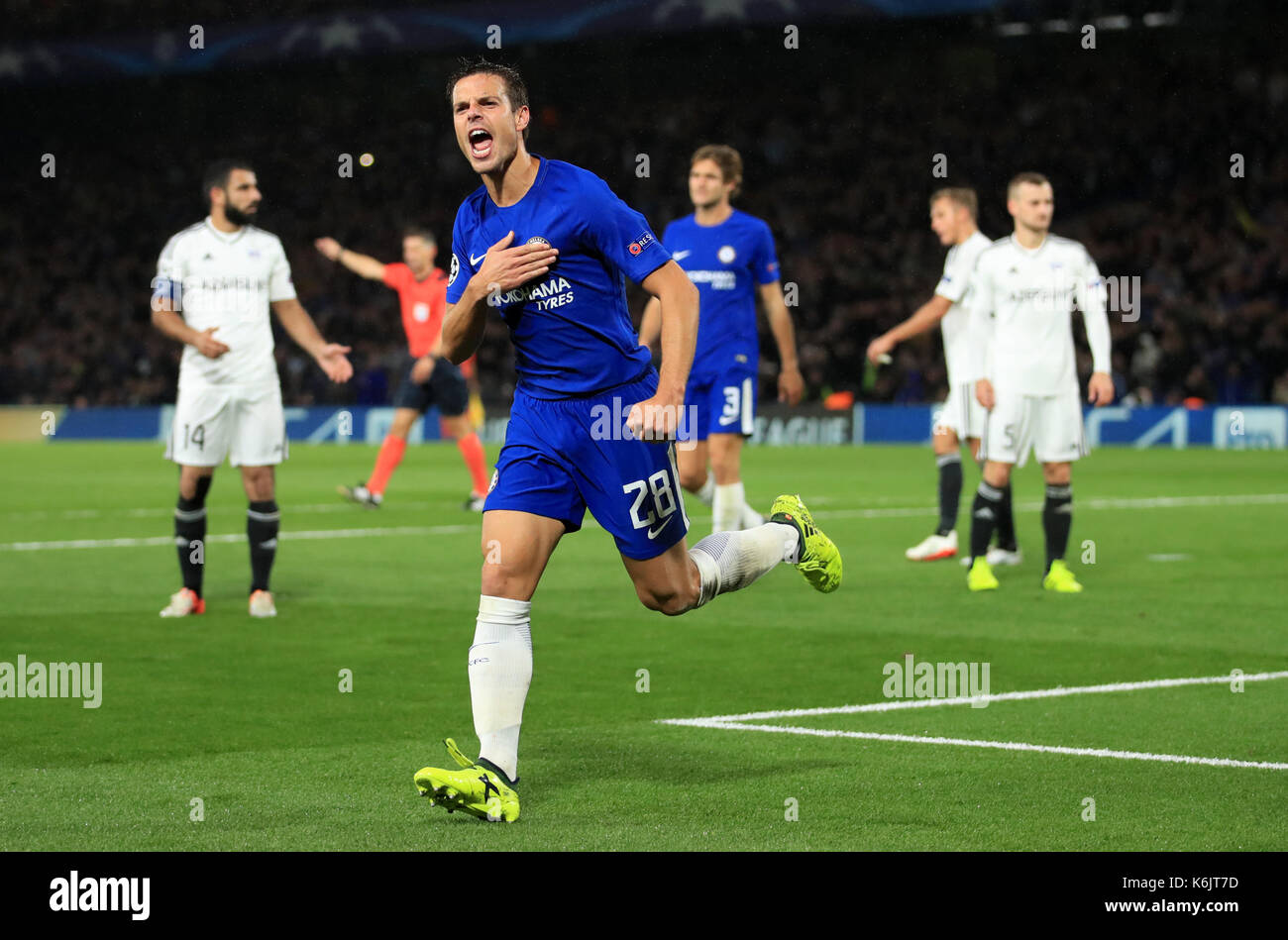 Chelsea's Cesar Azpilicueta celebrates scoring his side's third goal of the game during the UEFA Champions League, Group C match at Stamford Bridge, London Stock Photo - Alamy